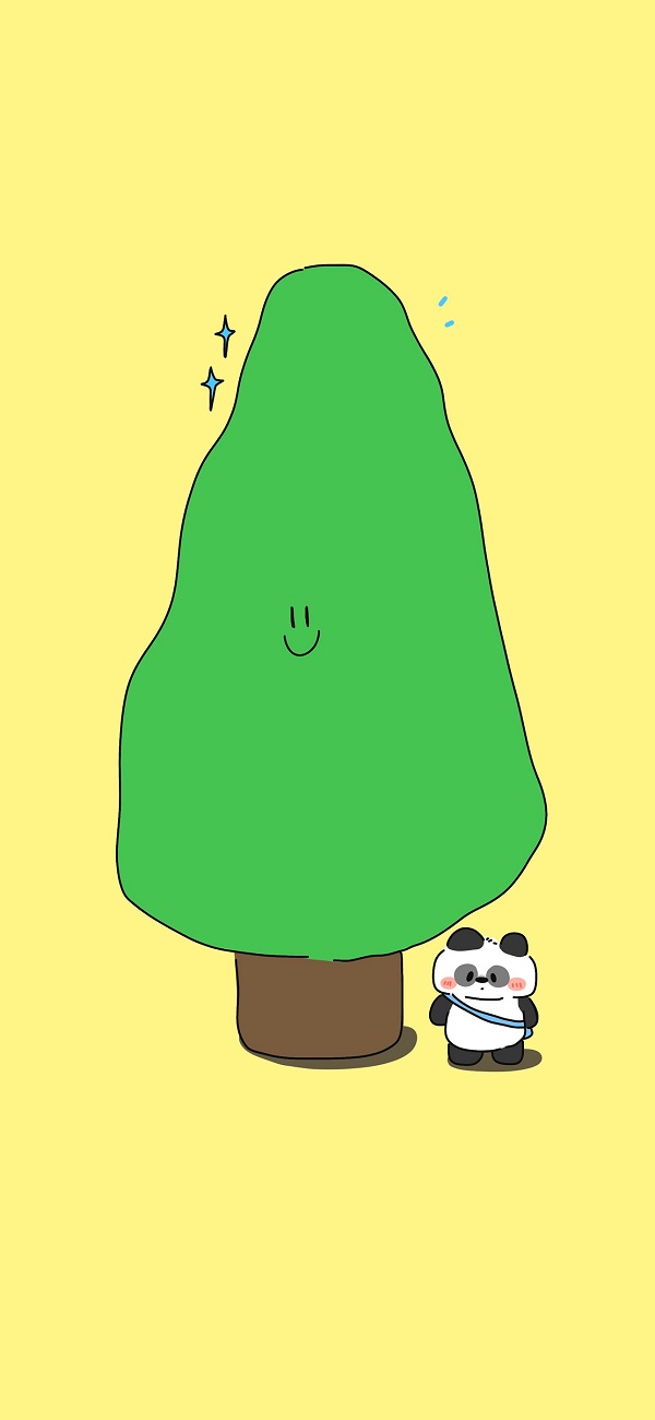 hình nền màu vàng cute hình gấu trúc dưới tán cây