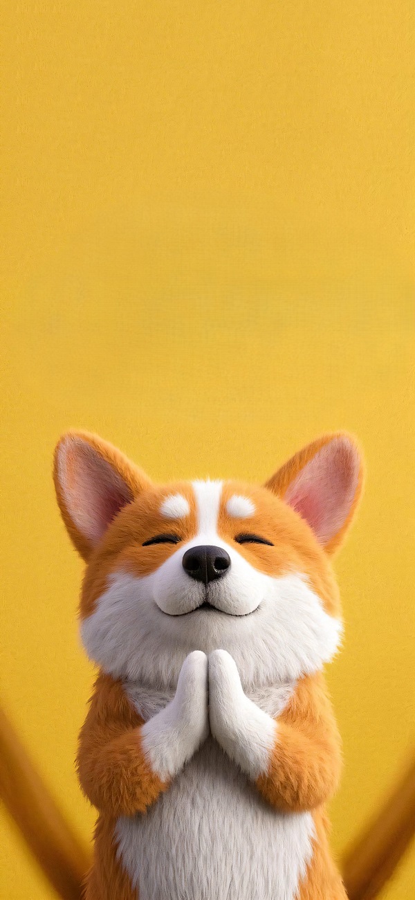 hình nền màu vàng cute hình chú chó vàng chắp tay