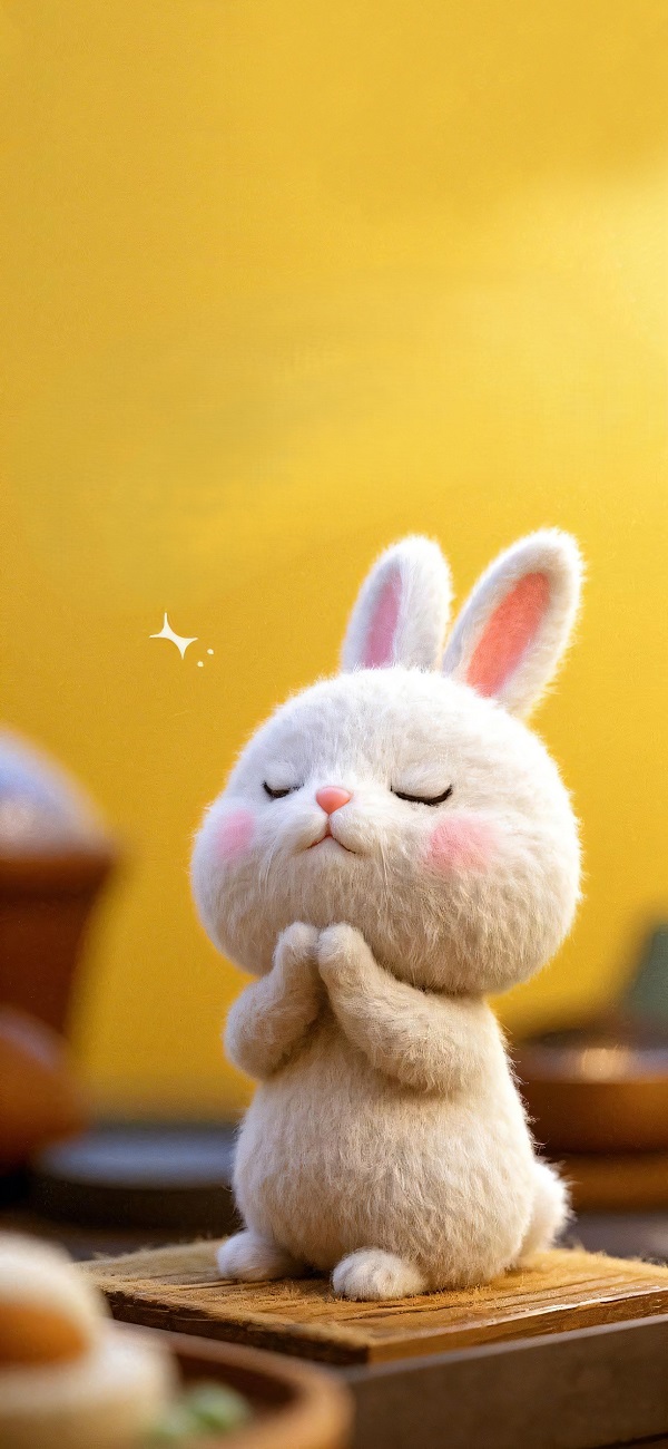 hình nền màu vàng cute hình chú thỏ chắp tay