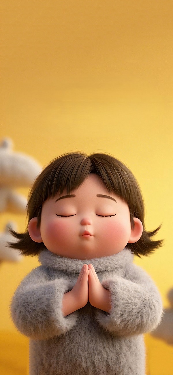 hình nền màu vàng cute hình em bé chắp tay