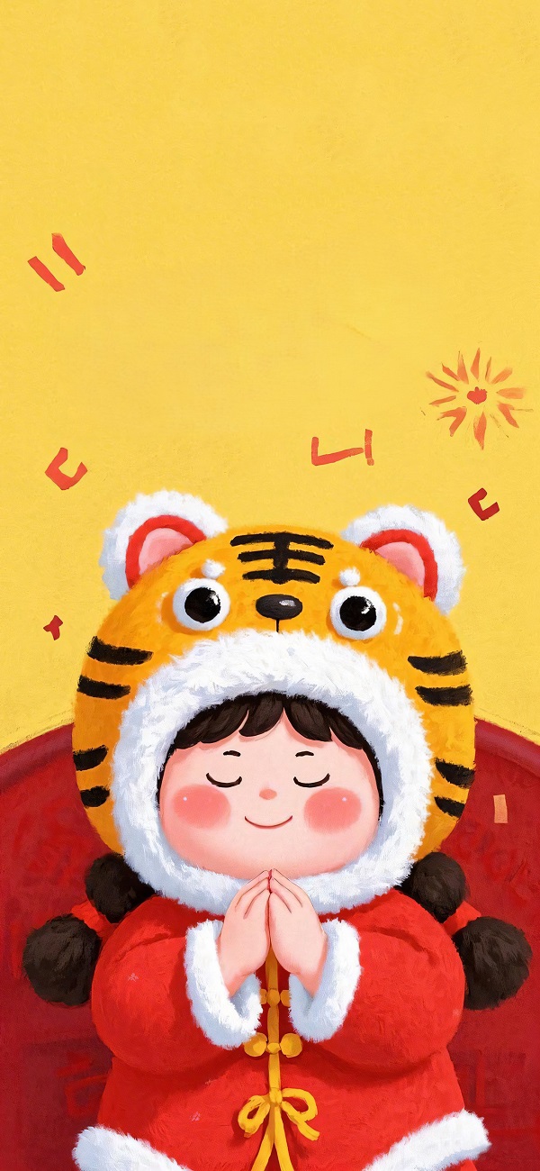 hình nền màu vàng cute hình em bé đội mũ hình con hổ chắp tay