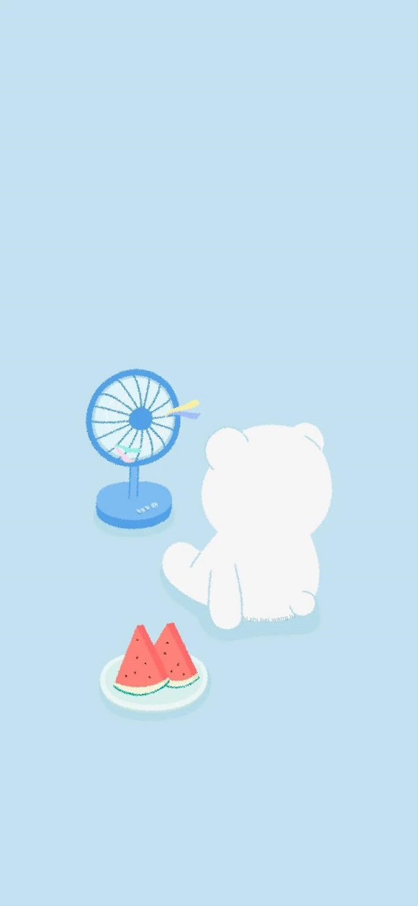 hình nền màu xanh dương cute​ hình chú gấu trắng đang ngồi quạt