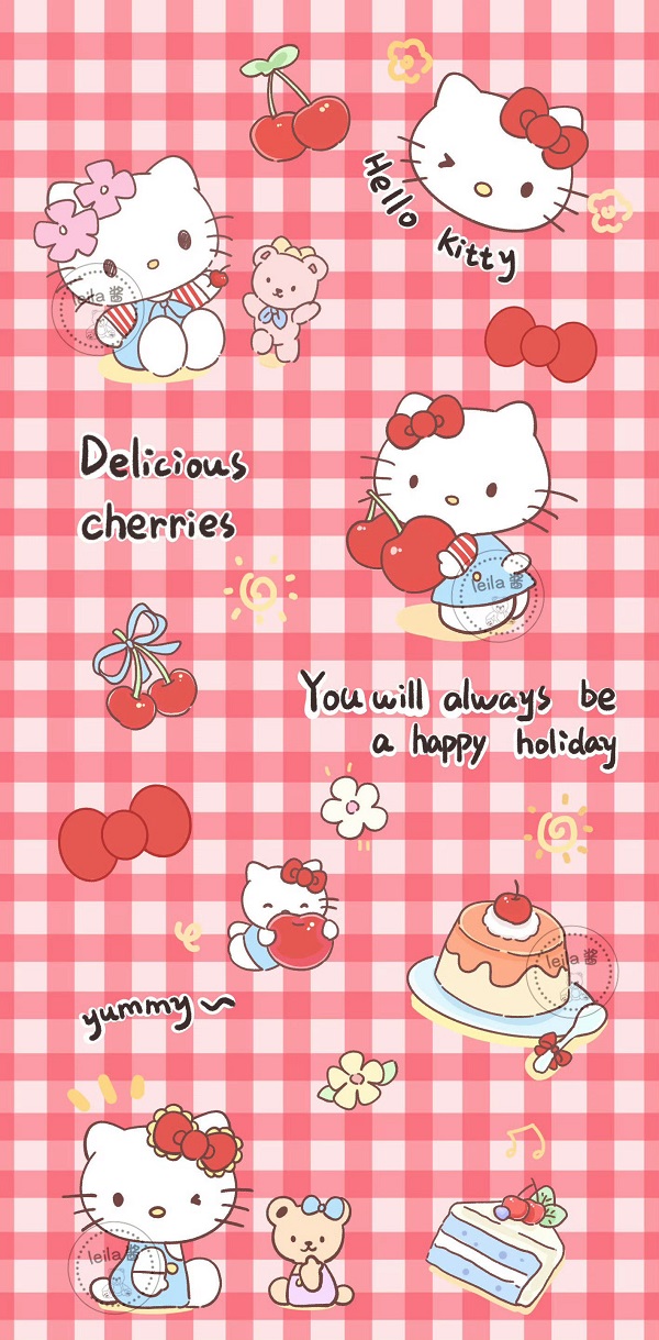 Hình nền caro hồng hình hello kitty