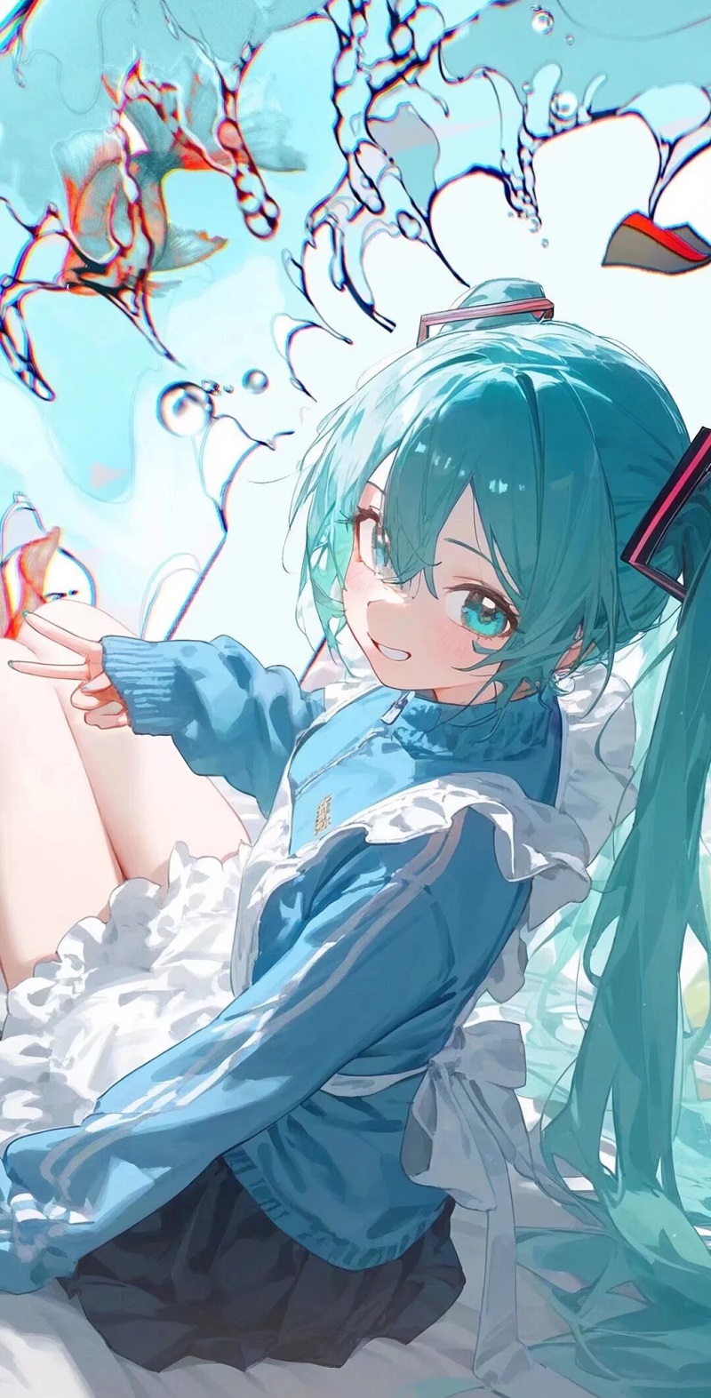 Hình nền Hatsune Miku trong outfit màu xanh pastel nhẹ nhàng