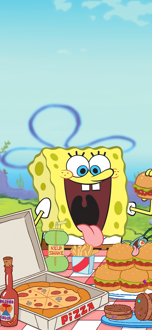Biểu cảm hài hước của Spongebob khi ăn bánh burger