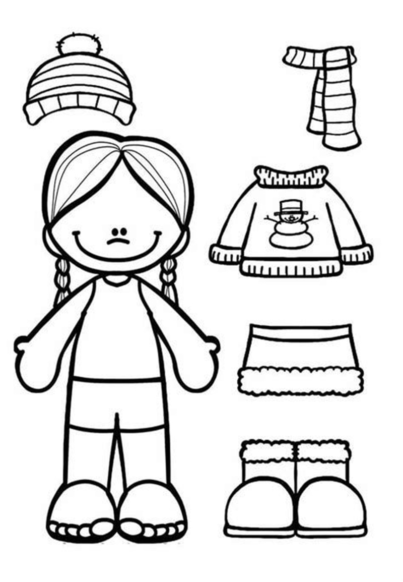 Hình vẽ búp bê giấy với trang phục mùa đông ấm áp