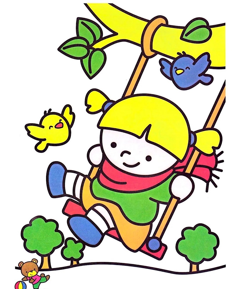 tranh tô màu bé 4-5 tuổi hình em bé đang chơi xích đu hình mẫu