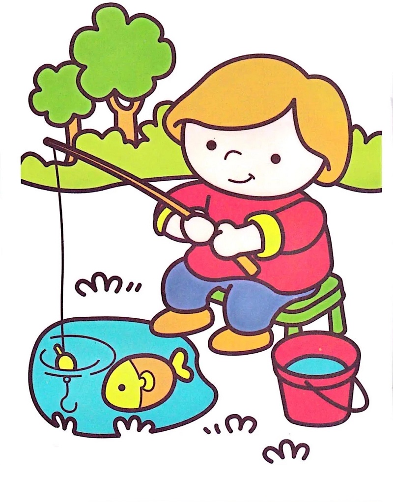 tranh tô màu bé 4-5 tuổi hình em bé đang câu cá hình mẫu