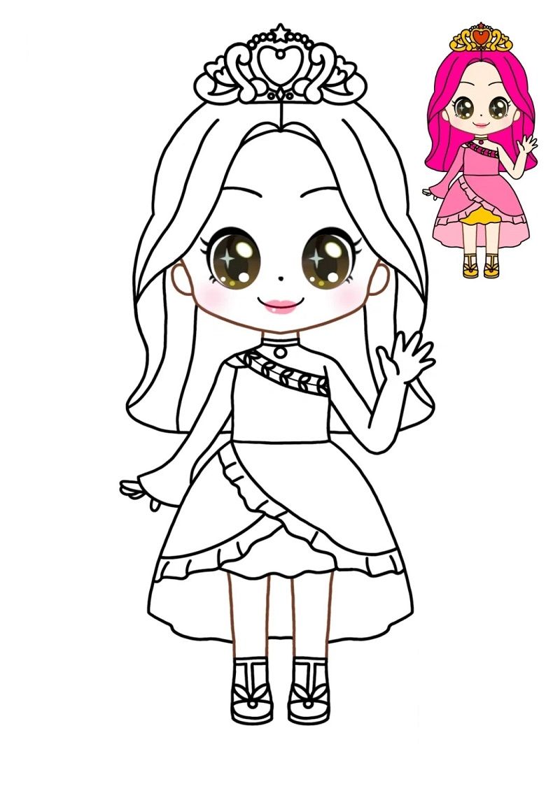 Tranh công chúa anime tóc dài lộng lẫy cho bé tập tô
