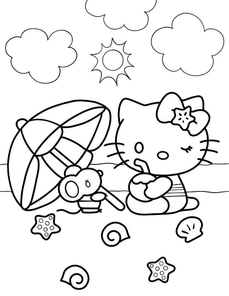 Tranh tô màu Hello Kitty bên chơi đùa bên bờ biển

