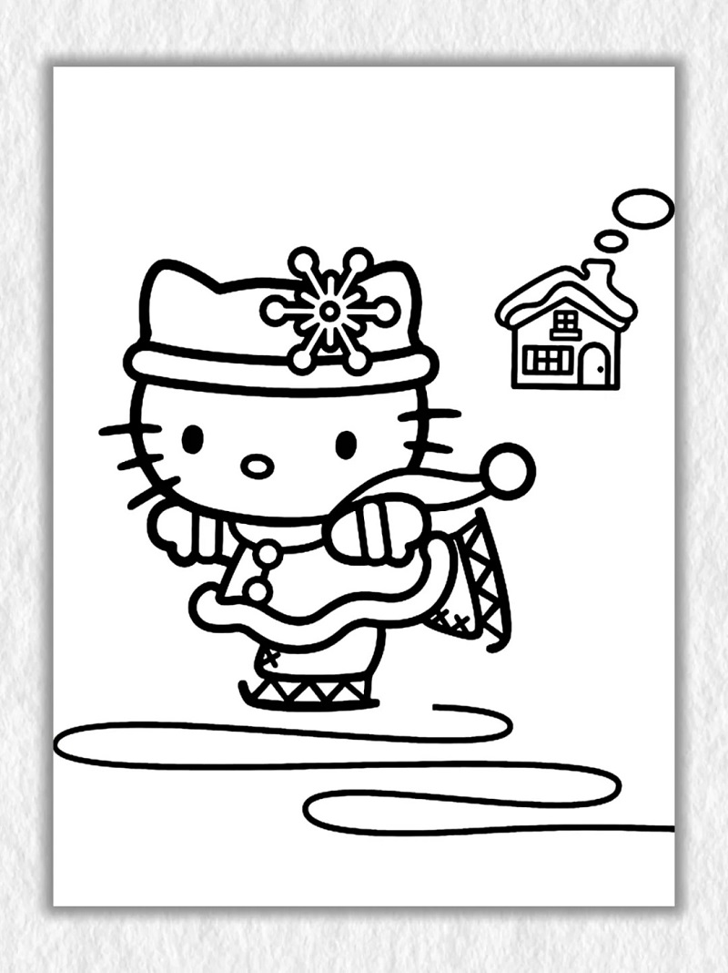 Hình Hello Kitty đi chơi trượt tuyết để bé tô màu
