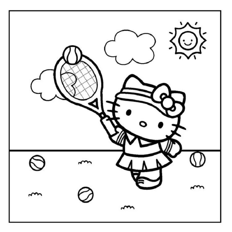 Tranh tô màu Hello Kitty chơi tenis