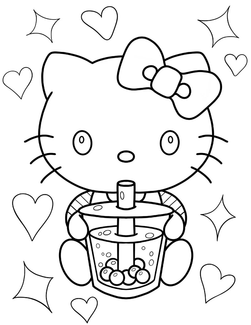 Tranh tô màu Hello Kitty uống trà sữa
